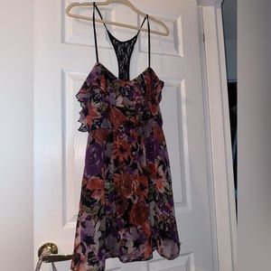 Floral dress, ruffle top, racer black lace back
